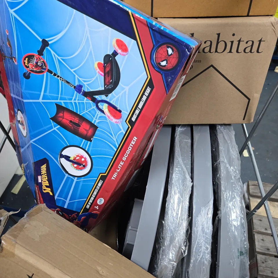 CAGE OF APPROXIMATELY 8 ASSORTED ITEMS TO INCLUDE -, MANGO WOOD TABLE LAMP , SPIDER MAN SCOOTER ETC - COLLECTION ONLY