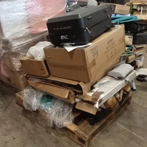 PALLET OF ASSORTED E-COMMERCE GOODS AND PRODUCTS TO INCLUDE; SUITCASES, CAMPING WAGONS, DUMBBELLS, SHOE RACK ETC