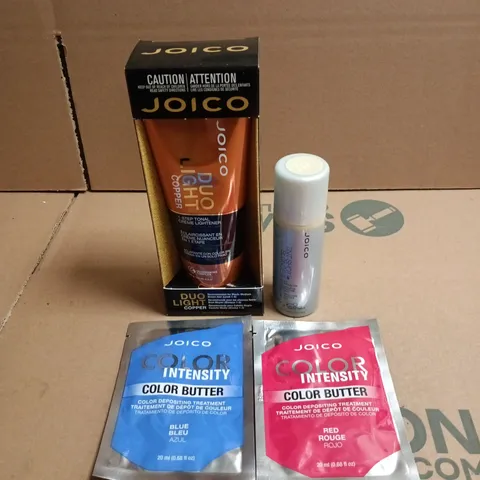 APPROXIMATELY 28 X ASSORTED JOICO HAIR CARE PRODUCTS TO INCLUDE DUO LIGHT COPPER 1 STEP TONAL CREME LIGHTENER, COLOR BUTTER RED, TINT SHOT BLONDE ETC