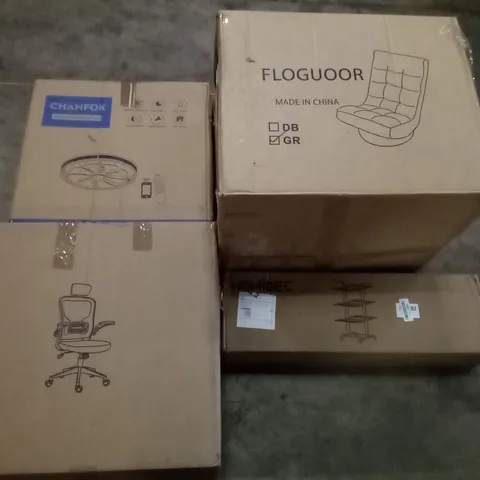 PALLET OF ASSORTED ITEMS INCLUDING OFFICE CHAIR, LED CEILING FAN, HOMIDEC DRYING RACK, FLOGUOOR CHAIR