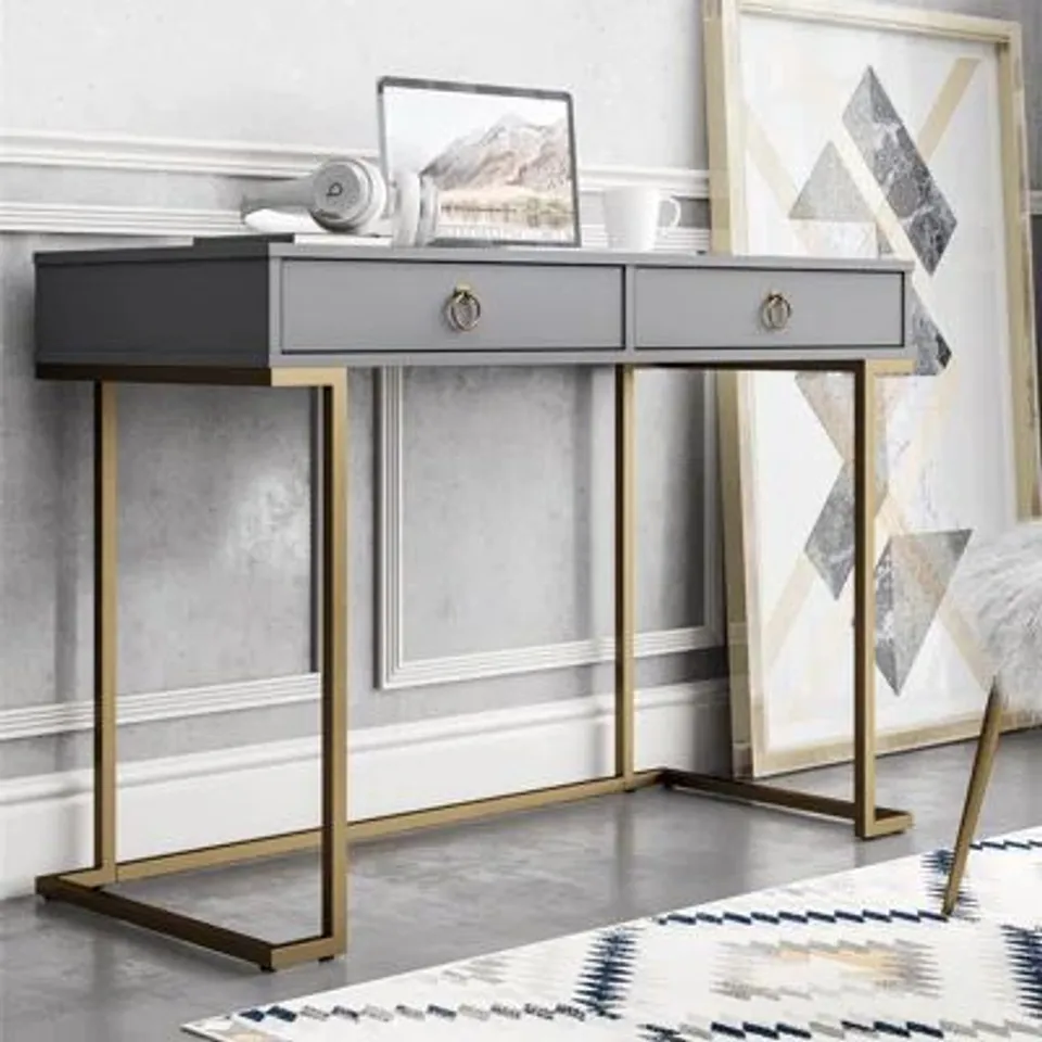 BOXED RECTANGLE WRITING DESK WITH GOLDEN METAL LEGS