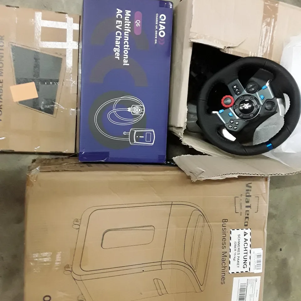PALLET TO CONTAIN AN ASSORTMENT OF HOUSEHOLD ITEMS TO INCLUDE DRIVING RIG FOR PLAYSTATION, MULTIFUNCTIONAL EV CHARGER, PORTABLE MONITOR AND A4  PAPER SHREDDER ECT