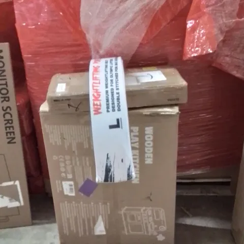 PALLET OF ASSORTED HOUSEHOLD GOODS AND PRODUCTS TO INCLUDE;PLAY KITCHEN,WEIGHT BELT,CLOTHES RACK