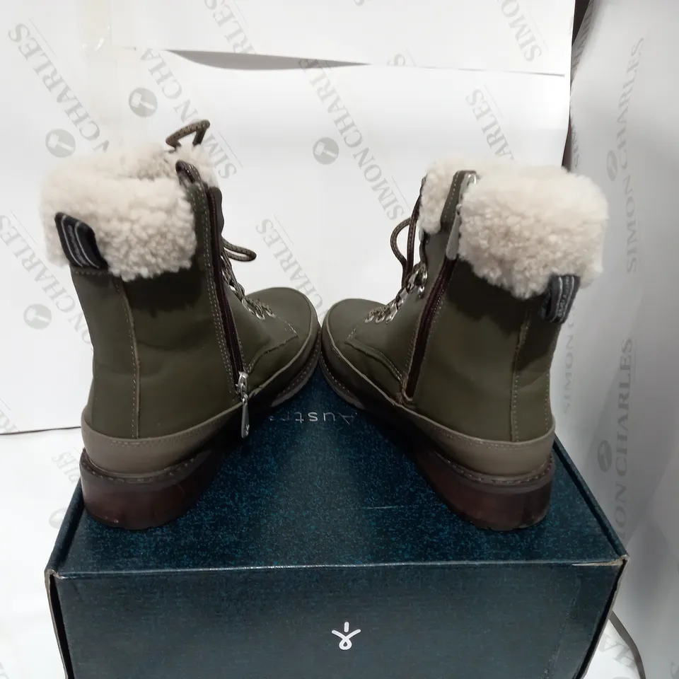 BOXED PAIR OF EMU DARK OLIVE BIKER BOOTS - SIZE 8