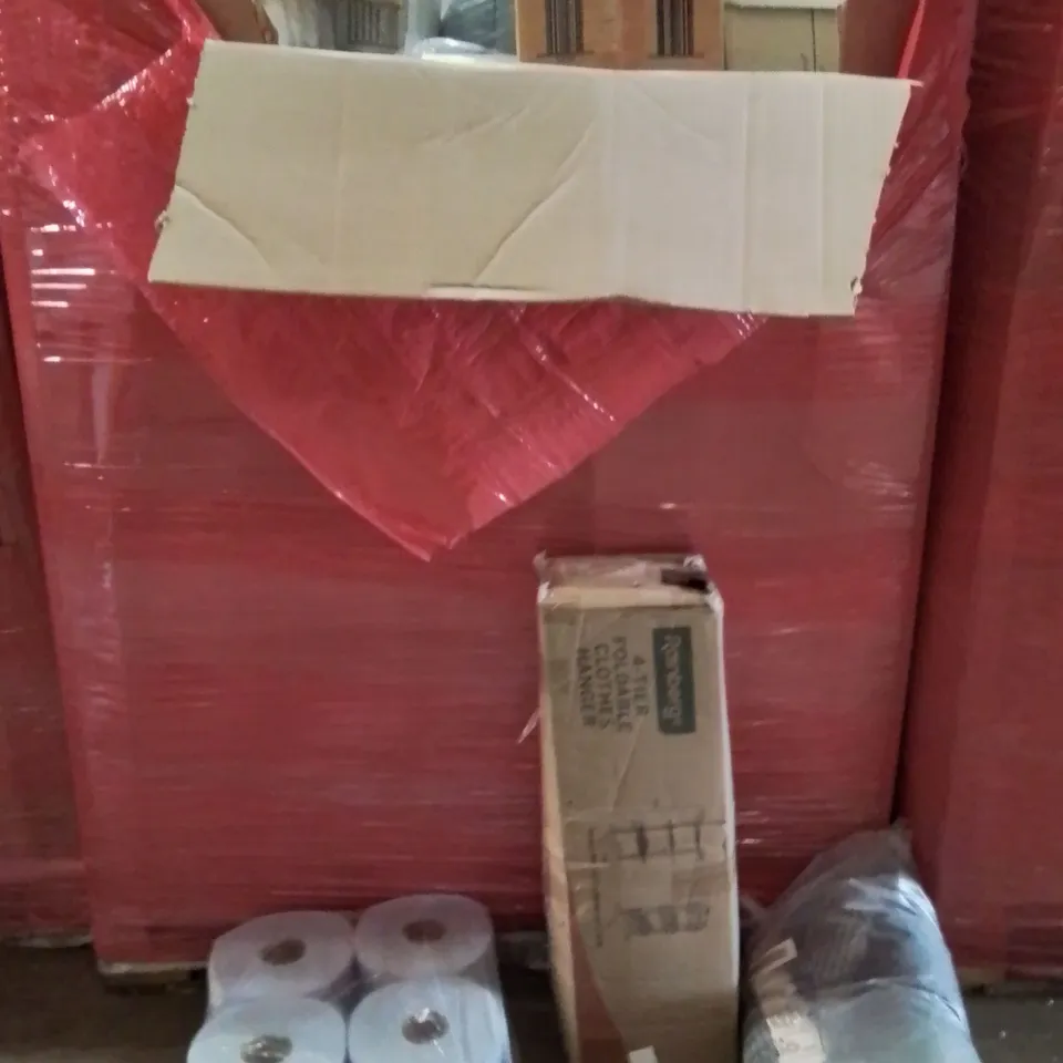 PALLET OF ASSORTED HOUSEHOLD PRODUCTS AND ITEMS TO INCLUDE; 4 TIER FOLDABLE CLOTHES HANGER,DOGBED,BLUEROLLS 