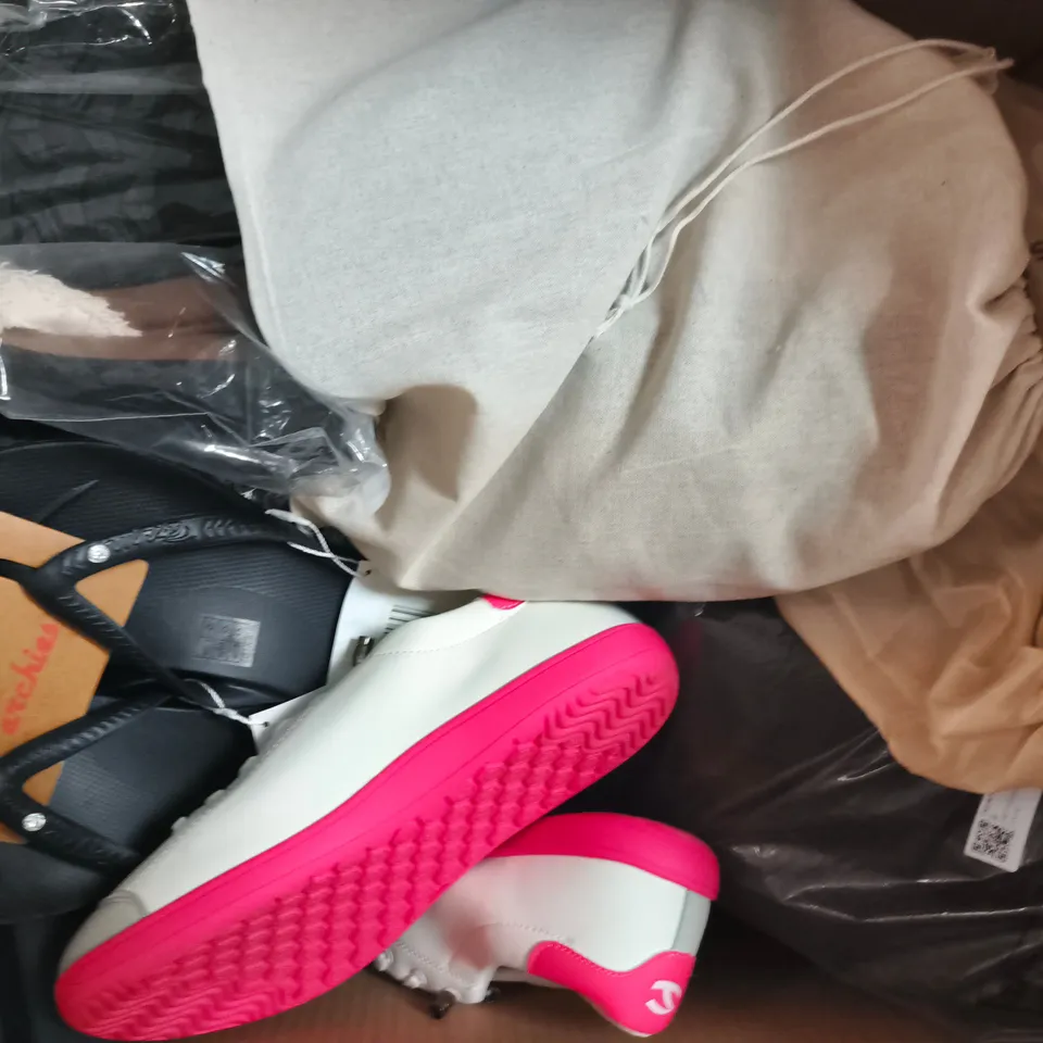 BOX OF APPROXIMATELY 15 ASSORTED PAIRS OF SHOES AND FOOTWEAR ITEMS IN VARIOUS COLOURS, STYLES, AND SIZES - COLLECTION ONLY