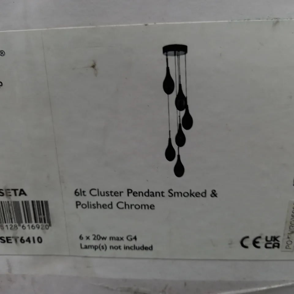 BOXED DAR SET6410 SETA 6 LIGHT CLUSTER CEILING PENDANT IN CHROME AND SMOKED GLASS