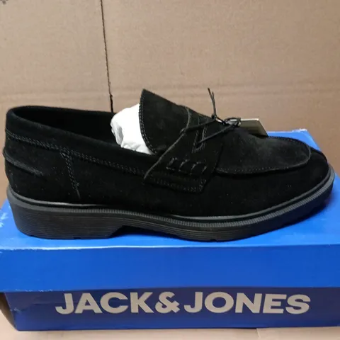 BOXED PAIR OF JACK & JONES BLACK SUEDE LOAFERS - UK 9