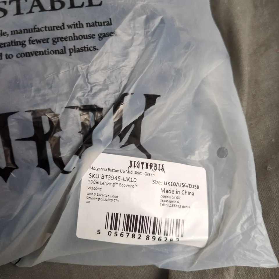 DISTURBIA MORGANNA BUTTON UP MIDI SKIRT - GREEN, UK 10 (US 6 / EU 38)