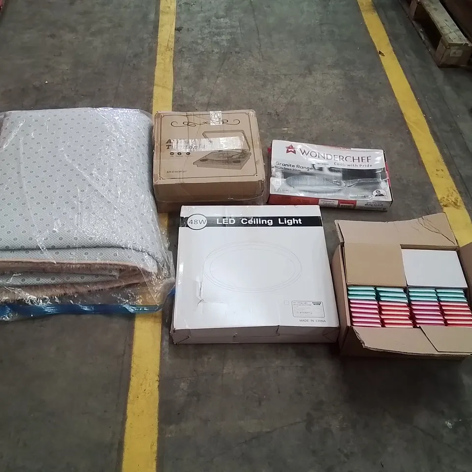PALLET OF ASSORTED ITEMS TO INCLUDE: AIRFRYER, AUDIO TURNTABLE, BOXES OF POCKET DIARIES, WONDER CHEF PAN, LARGE RUG ECT