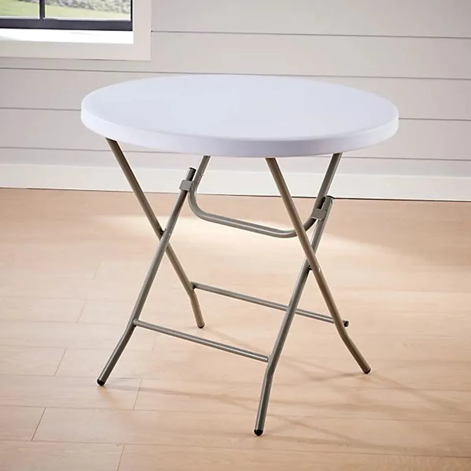 BOXED HOME SOURCE INDOOR OUTDOOR 80CM ROUND FOLDING TRESTLE TABLE WHITE