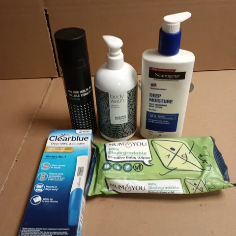 APPROXIMATEY 20 ASSORTED HEALTH AND BEAUTY PRODUCTS TO INCLUDE - CLEAR BLUE DIGITAL TESTS - NEUTROGENA BODY LOTION AND MUM & YOU BIODEGRADABLE WIPES