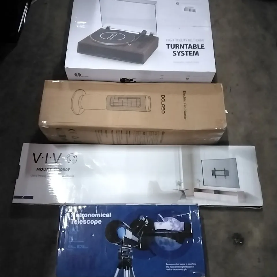 PALLET OF HOUSEHOLD ITEMS TO INCLUDE ASTRONOMICAL TELESCOPE, TV WALL MOUNT, ELECTRIC FAN HEATER, TURNTABLE SYSTEM AND OTHER ASSORTED ITEMS...