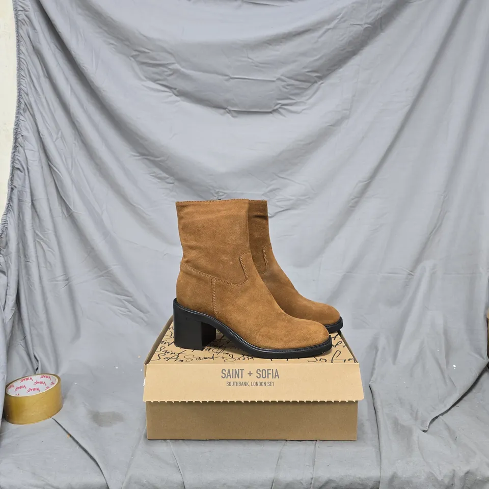 SAINT + SOFIA BROWN SUEDE ANKLE BOOT – BLOCK HEEL