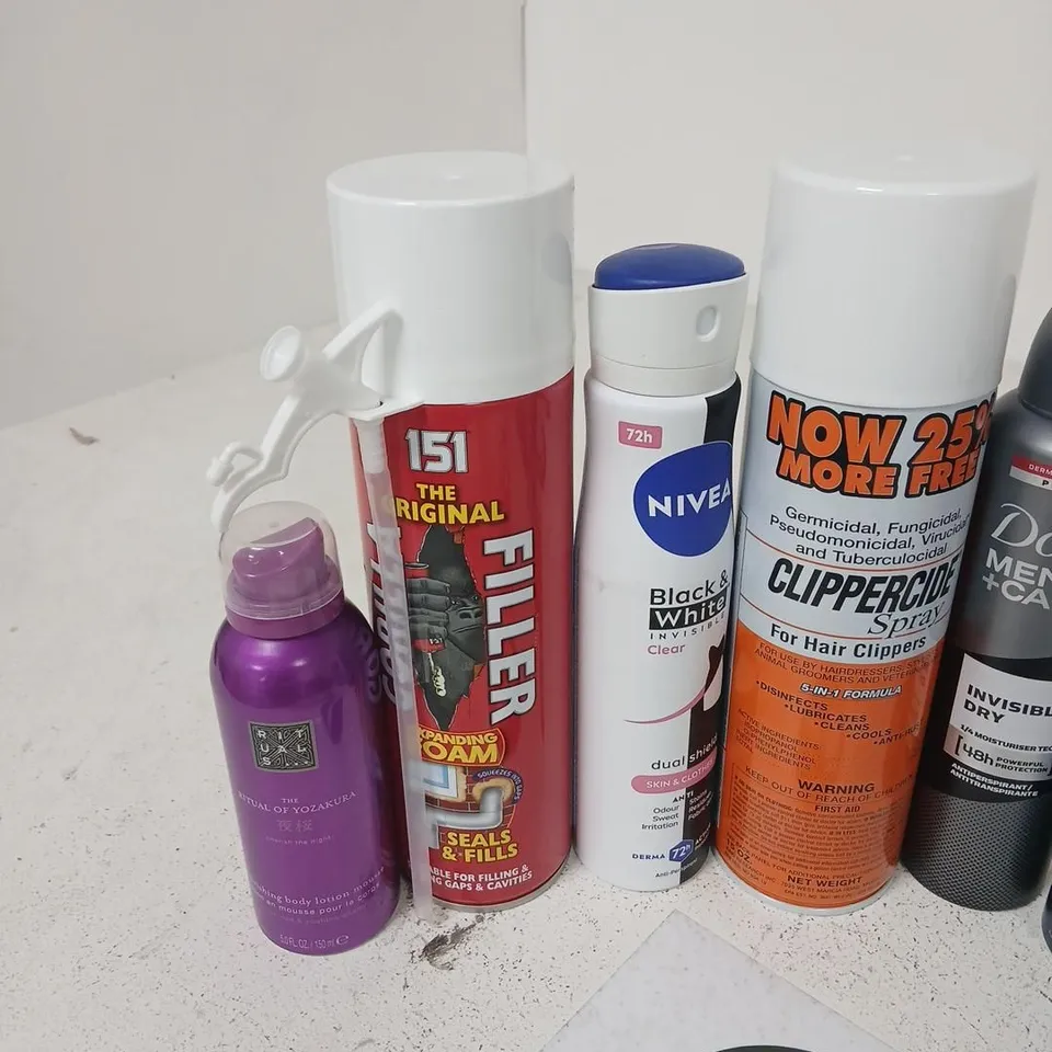 APPROXIMATELY 15 ASSORTED AEROSOL SPRAYS TO INCLUDE; ASSORTED HEALTH & BEAUTY AEROSOLS, SPRAYS AND CLEANSING FOAMS INCLUDING NIVEA, SURE, DOVE MEN+CARE, CRL CLEANSER