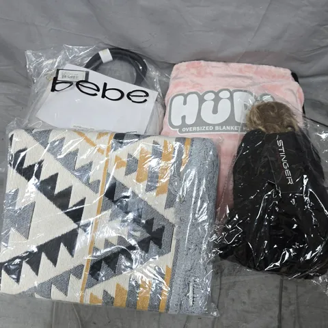 APPROXIMATELY 8 ASSORTED ITEMS TO INCLUDE HUDI OVERSIZED BLANKET HOODIE, BEBE SATCHEL BAG, STINGER BEANIE, ETC