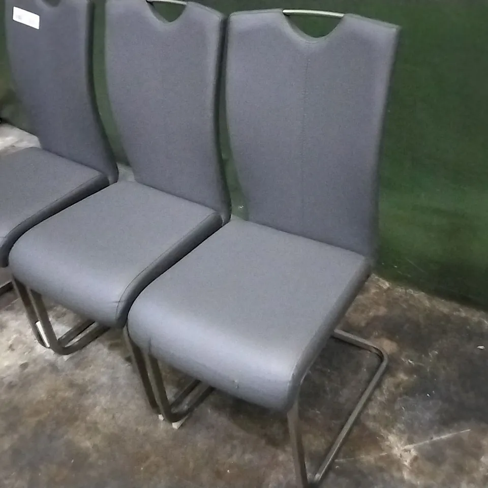 DESIGNER SET OF 3 CHARCOAL GREY FAUX LEATHER DINING CHAIRS WITH CHROME LEGS