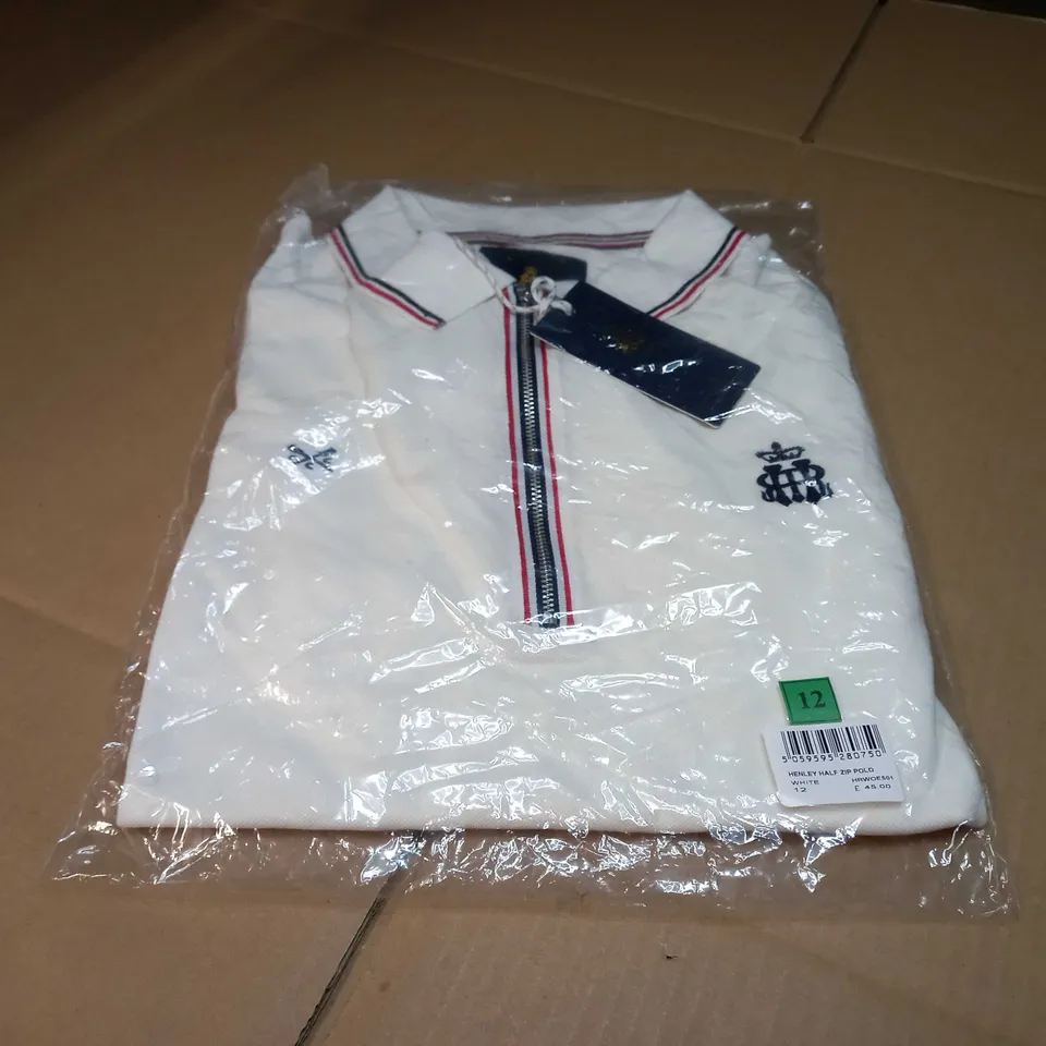 PACKAGED HENLEY ROYAL REGATTA WHITE HALF ZIP POLO - SIZE 12