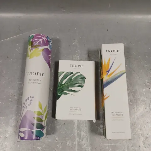 TROPIC SKINCARE LOT OF 3 ASSORTED COSMETIC ITEMS TO INCLUDE - HYDROGEL EYE MASKS - SMOOTHING CLEANSER - SO SLEEPY BATH FOAM - ETC