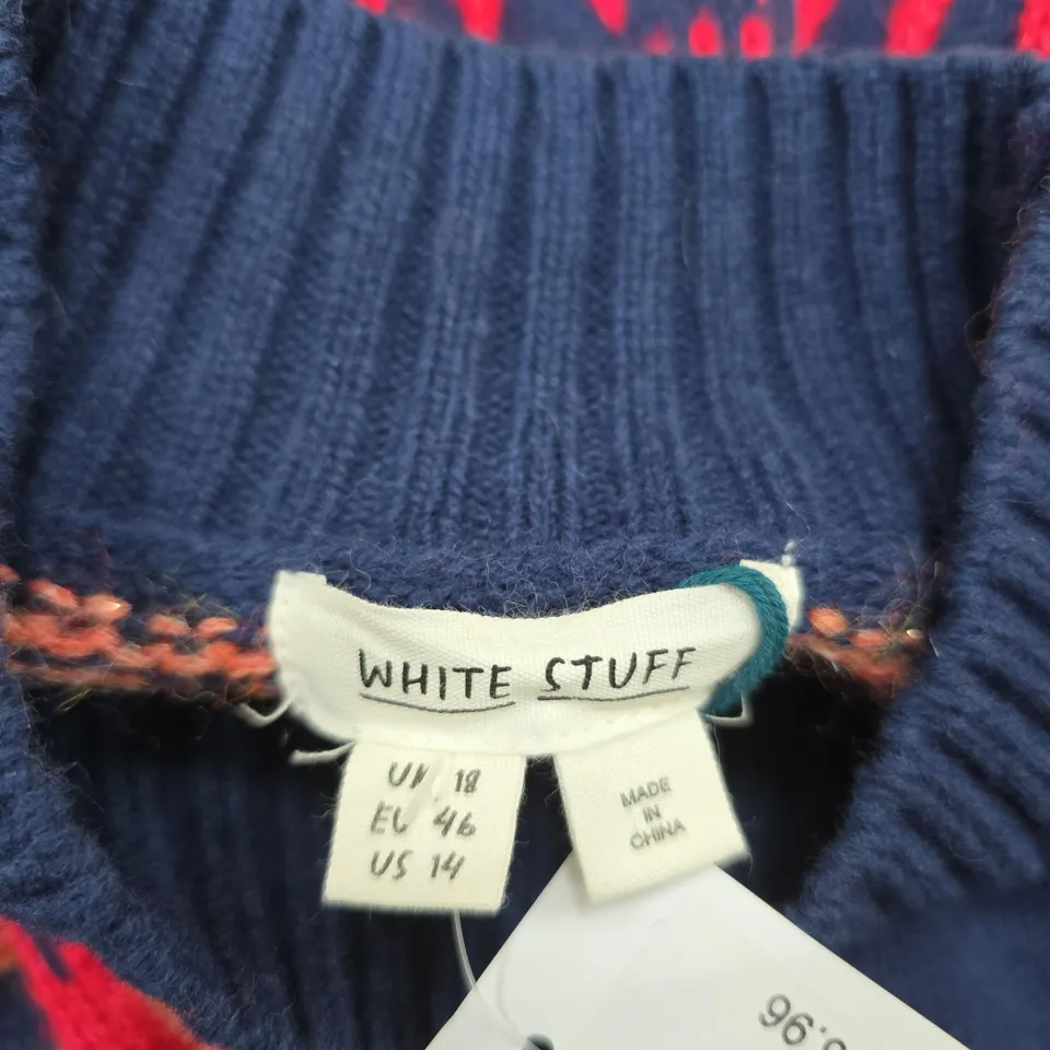 WHITE STUFF NAVY KNIT JUMPER WITH PINK YOKE PATTERN, UK 18