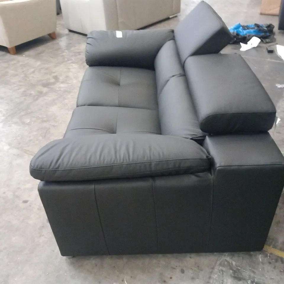 DESIGNER BLACK FAUX LEATHER TWO SEATER SOFA WITH SQUARE PANEL DETAIL AND ADJUSTABLE HEADRESTS