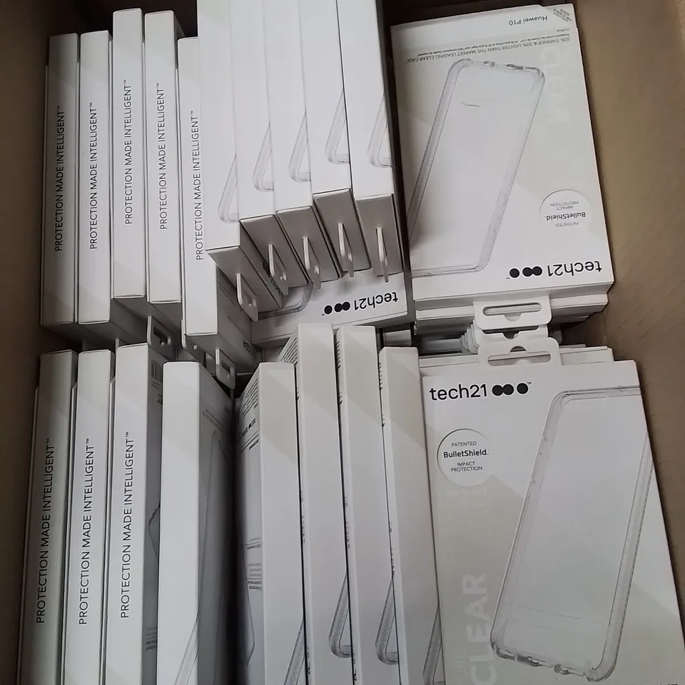 BOX CONTAINING LARGE AMOUNT OF TECH21 BULLETSHIELD IMPACT PROTECTION SCREENS FOR HUAWEI P10 PHONES