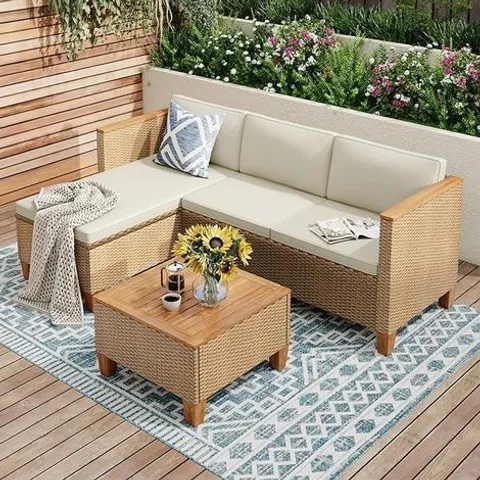 BOXED PHI VILLA RATTAN GARDEN FURNITURE 3 PIECES WITH OUTDOOR COFFEE TABLE, L SHAPED PATIO WICKER CORNER SOFA SECTIONAL FURNITURE SET WITH THICKENED CUSHIONS AND PILLOWS FOR BALCONY BACKYARD PORCH, BE