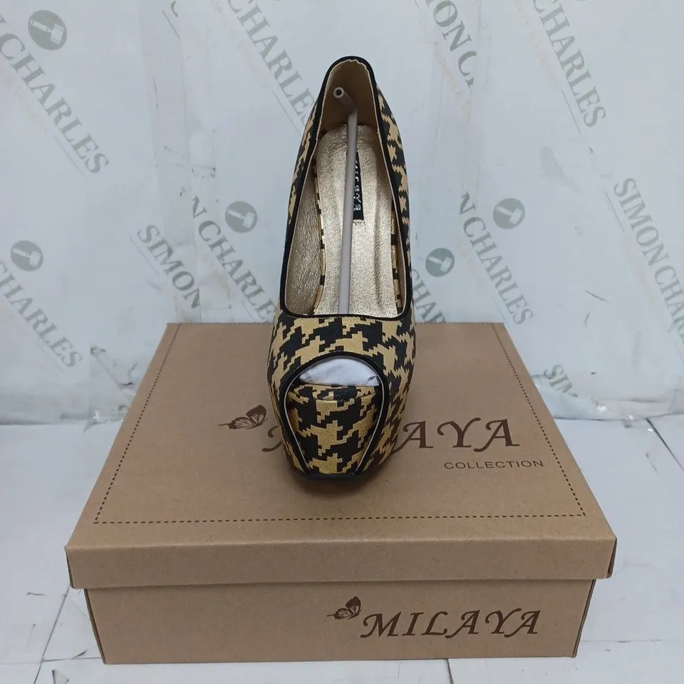 BOXED LOT OF 5 PAIRS OF LADIES MILAYA COLLECTION SHOES. BLACK AND GOLD VARIOUS SIZE
