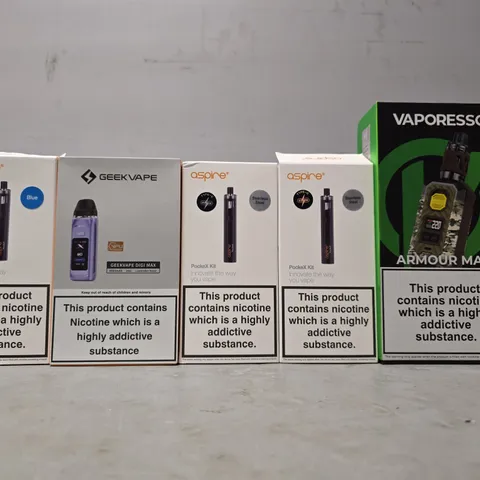 BOX OF APPROXIMATELY 18 ASSORTED E-CIGARETTES PRODUCTS TO INCLUDE - VAPORESSO, ASPIRE , GEEK VAPE