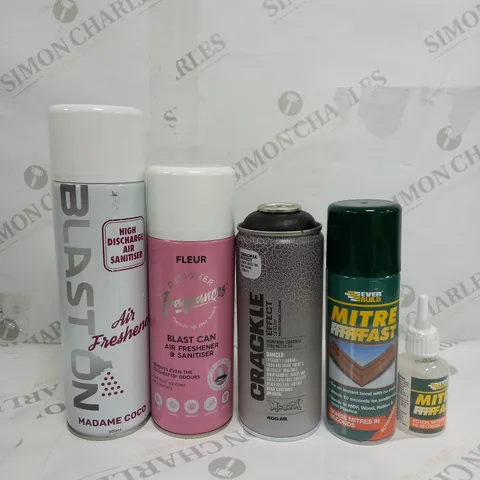BOX OF APPROX 10 ASSORTED LIQUIDS TO INCLUDE - MITRE FAST, AIR FRESHNER, CRACKLE EFFECT SPRAY ETC
