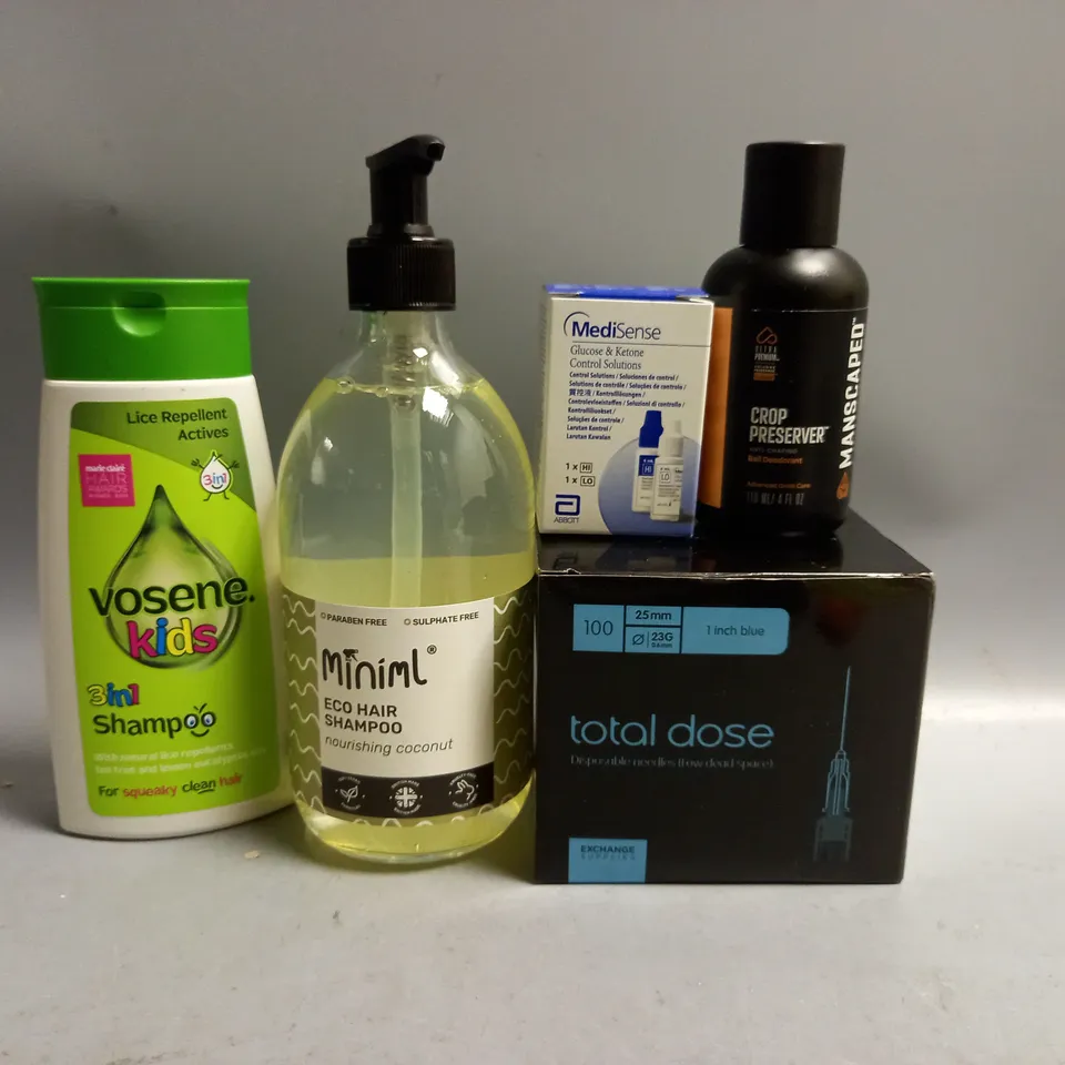 BOX OF APPROX 12 ASSORTED HEALTH AND BEAUTY ITEMS TO INCLUDE - TOTAL DOSE NEEDLES - VOSENE KIDS SHAMPOO - MANSCAPED CROP PRESERVER ETC