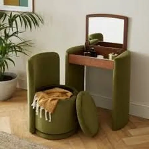 BOXED FRANKIE VELVET COMPACT DRESSING TABLE SET WITH MIRROR AND STOOL - OLIVE (1 BOX)
