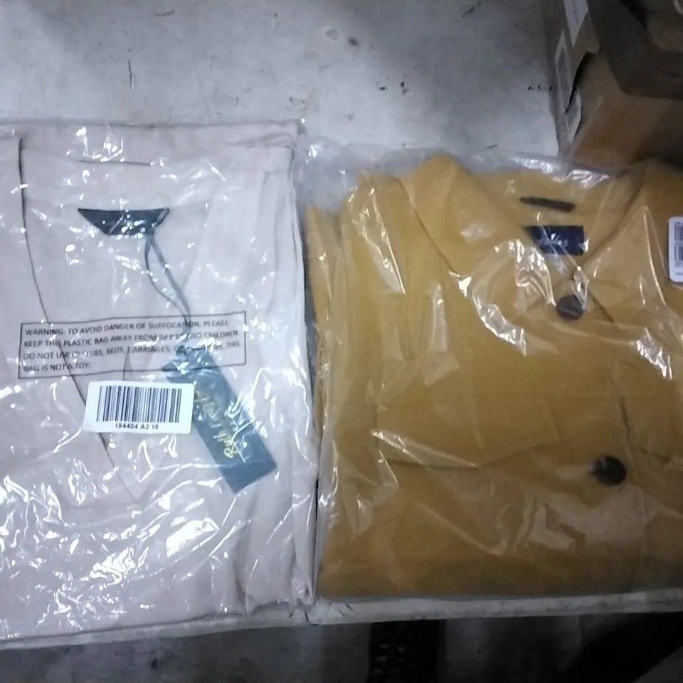 BOX OF ASSORTED CLOTHING TO INCLUDE JOULES CARAMEL CORAL JERSEY JACKET SIZE 24 & RUTH LONGSFORD BIEGE SATIN TUNIC SIZE 16
