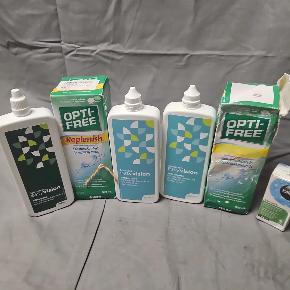 APPROXIMATELY 12 ASSORTED CONTACT LENS SOLUTIONS TO INCLUDE SPECSAVERS EASYVISION, OPTI-FREE REPLENISH, BLINK EYE DROPS, ETC - COLLECTION ONLY