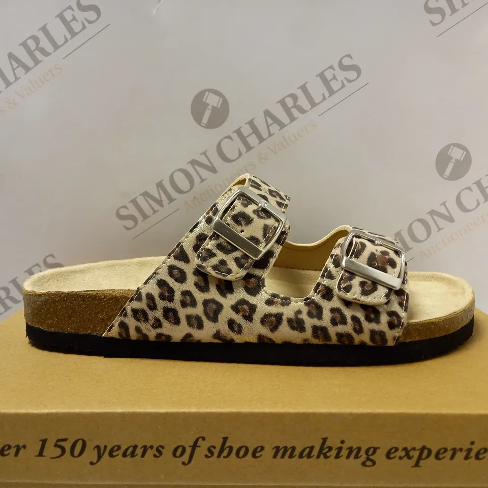 BOXED CUSHION WALK DOUBLE BUCKLE MULES, LEOPARD - SIZE 5 