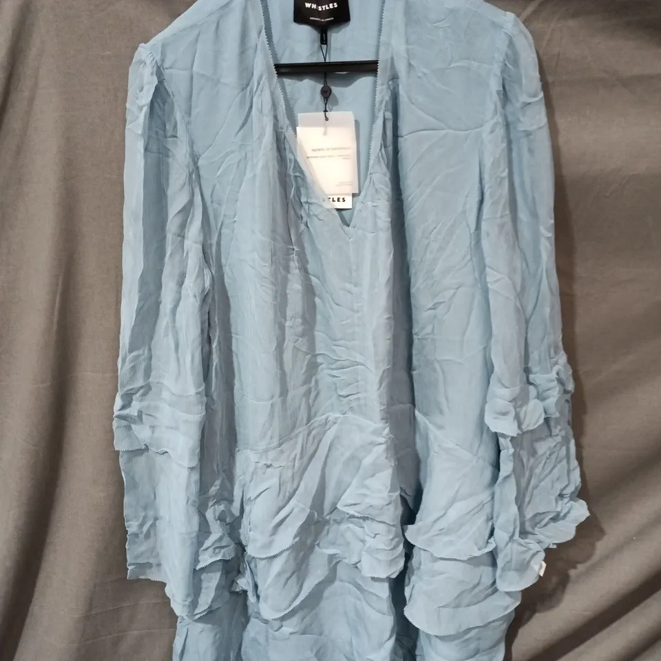 WHISTLES FRILL BOHO MINI DRESS – LIGHT BLUE, UK 16