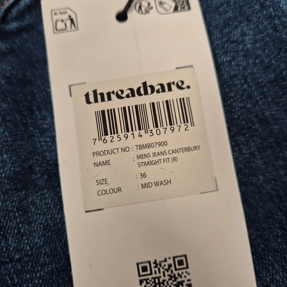 THREADBARE DENIM MEN'S JEANS – CANTERBURY STRAIGHT FIT, MID WASH, UK 36