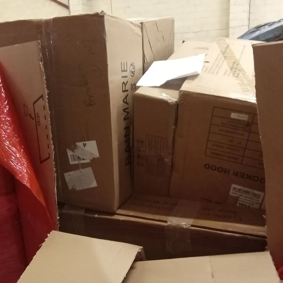 PALLET OF ASSORTED HOUSEHOLD GOODS AND PRODUCTS TO INCLUDE; INFRARED COOKER, BAIN MARIE, COOKER HOOD, ELECTRIC SCOOTER ETC