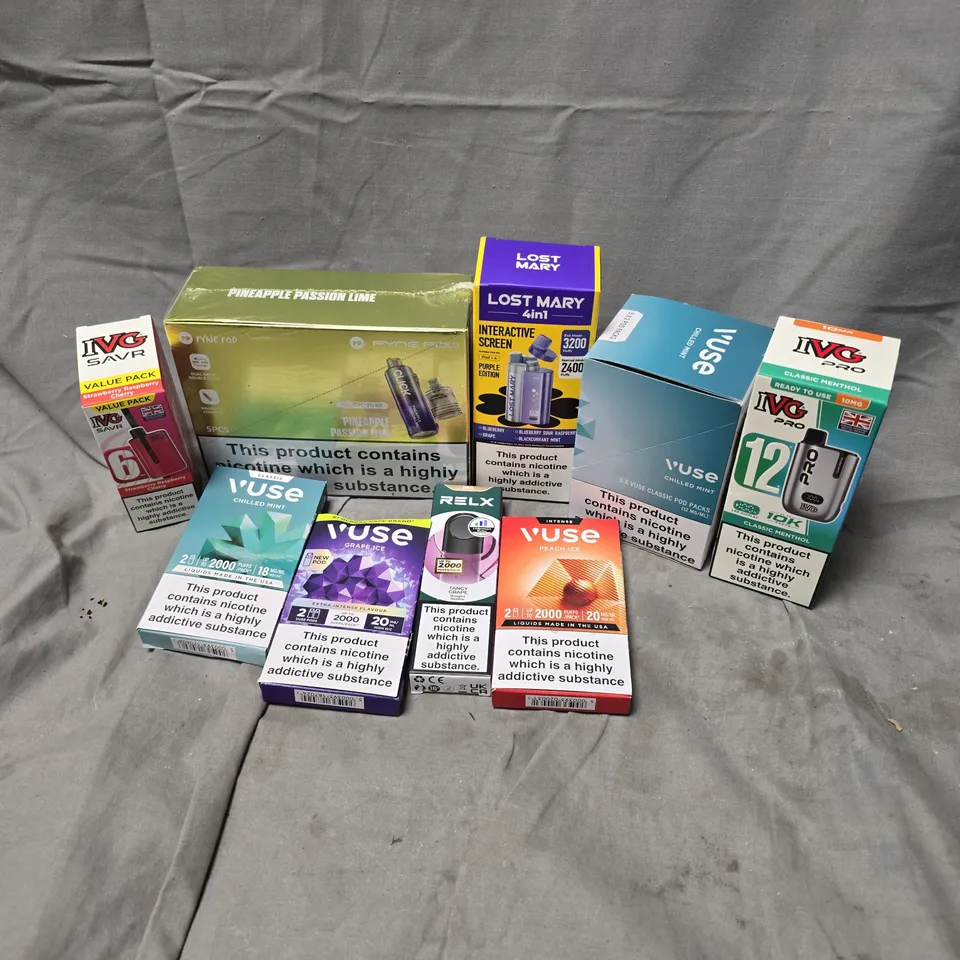 APPROXIMATELY 20 ASSORTED E-CIGARETTE PRODUCTS TO INCLUDE BRANDS SUCH AS IVG PRO, VUSE, LOST MARY, ETC - COLLECTION ONLY