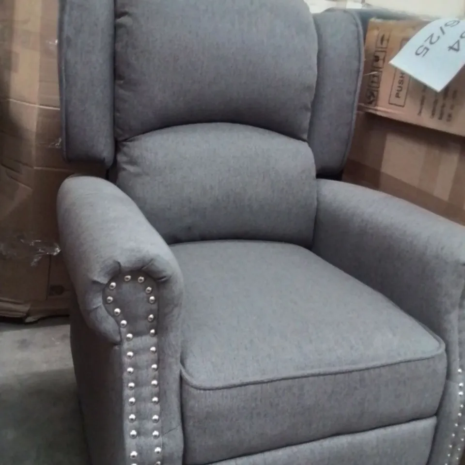 QUALITY DESIGNER GREY FABRIC UPHOLSTERED BUTTON EDGE ARM CHAIR