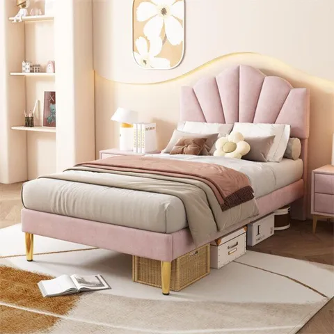 BOXED AKERSHUS UPHOLSTERED BED FRAME DOUBLE -PINK- (2 BOXES)