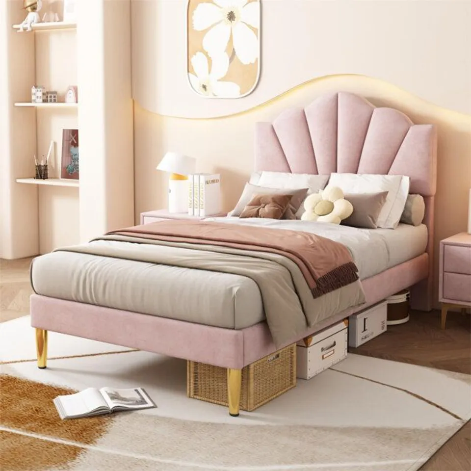 BOXED AKERSHUS UPHOLSTERED BED FRAME DOUBLE -PINK- (2 BOXES)