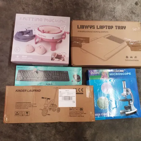 PALLET OF ASSORTED PRODUCTS INCLUDING KNITTING MACHINE, LAPTOP TRAY, KEYBOARD, CHILDRENS TRICYCLE, MICROSCOPE 