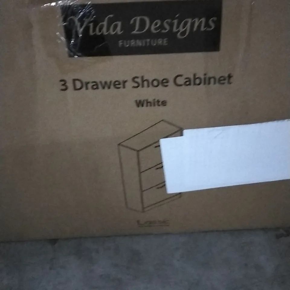 BOXED 3 DRAWER FLIP DOWN SHOE STORAGE CABINET WHITE (1 BOX)