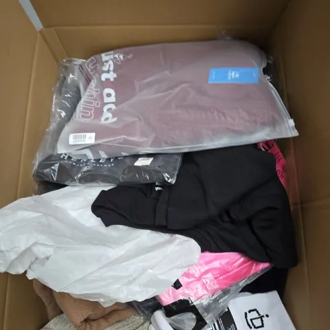 LARGE BOX OF ASSORTED CLOTHING ITEMS IN VARIOUS SIZES, STYLES AND COLOUR 