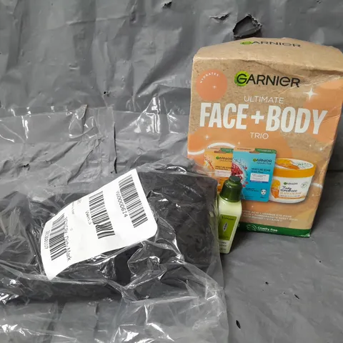 APPROXIMATELY 5 ASSORTED ITEMS TO INCLUDE GARNIER TRIO, T-SHIRT, BODY LOTION, ETC