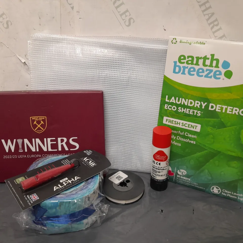 APPROXIMATELY 12 ASSORTED HOUSEHOLD ITEMS TO INCLUDE WHISTLE, LAUNDRY DETERGENT, WEST HAM PAD, ETC