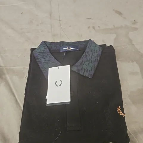 FRED PERRY POLO SHIRT – BLACK WITH TARTAN COLLAR – MEN'S SIZE L