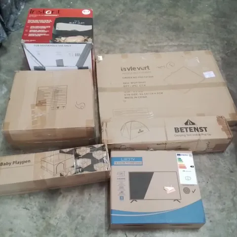 PALLET CONTAINING ASSORTED PRODUCTS INCLUDING: INSTANT VORTEX PLUS AIR FRYER, CAMPING POP UP TENT, BABY PLAY PEN, 19" LED TV, GREY STANDING HEATER ECT