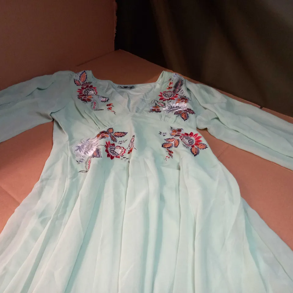 ASOS EMBROIDERED SAGE GREEN MIDI SKATER DRESS WITH FLARED SLEEVES - SIZE 14